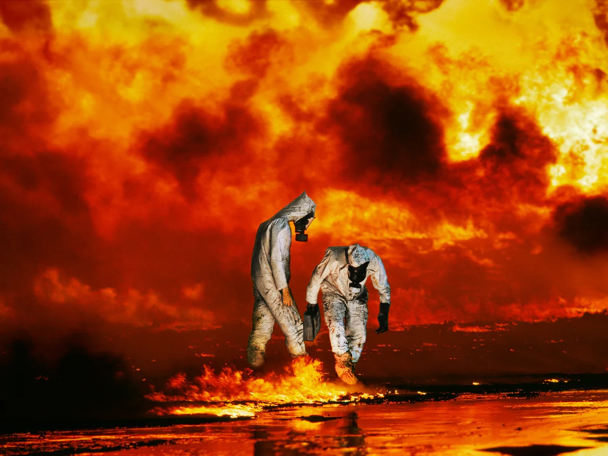 Firefighters in protective suits walking through fire and smoke in Kuwait, 1991